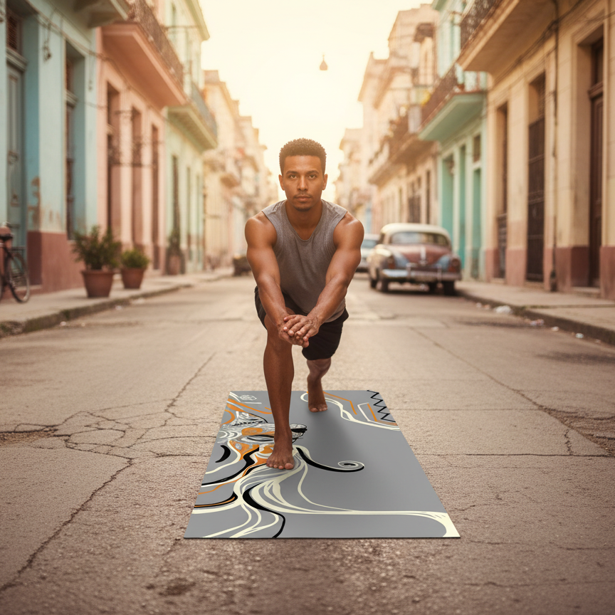 Man doing lunge exercise on Zaveur gray yoga mat with orange swirl design on city street