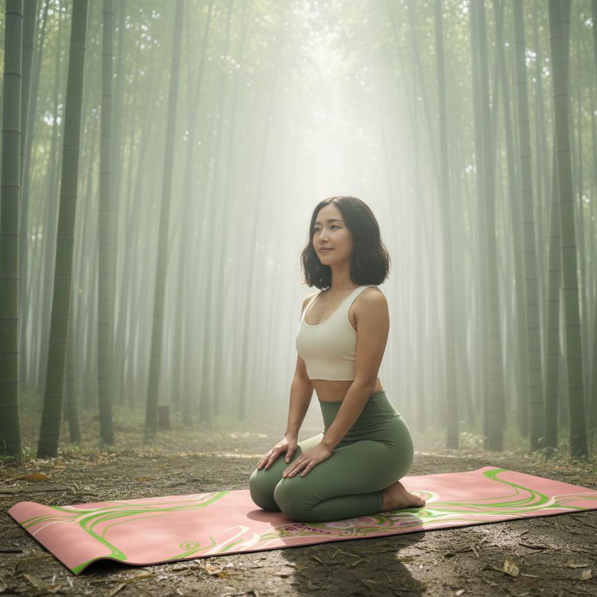 Woman kneeling on the blush pink Queen of Phoenix yoga mat in a misty bamboo forest
